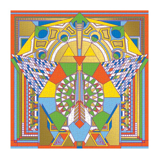 Colorful geometric signifier with assorted shapes, lines, and symmetrical design, resembling a puzzle oregon artwork. Suitable for decorative display
