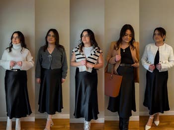 reviewer wearing black version five different ways with different sweater, top, jacket, boot, and heel combos