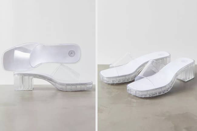 Two images of clear slide-on sandals