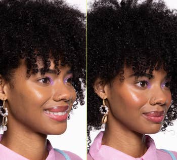 A model's before and after results with the blush oil