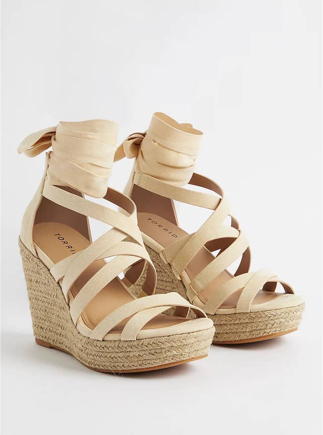 elevated sand platform wedges with criss-cross design on the front