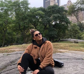 reviewer wearing the teddy coat in Central Park