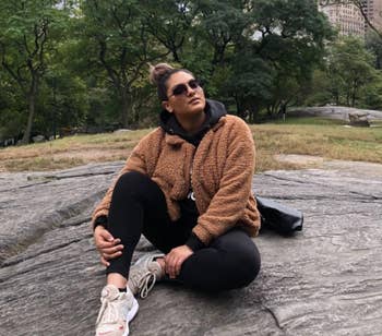 reviewer wearing the teddy coat in Central Park