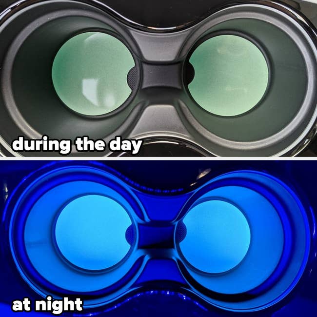 top: the green glow-in-the-dark car coasters during the day / bottom: the same car coasters at night, glowing blue in the dark