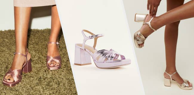 Three images of pink, purple, and gold shoes