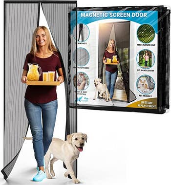 A model and dog walking through the screen as it closes behind them