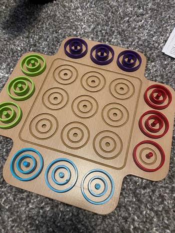 reviewer image of the game board and all of its colorful circular rings