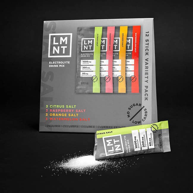 a packet of 12 LMNT electrolyte mixes with the flavors citrus salt, rapsberry salt, orange salt, and watermelon salt