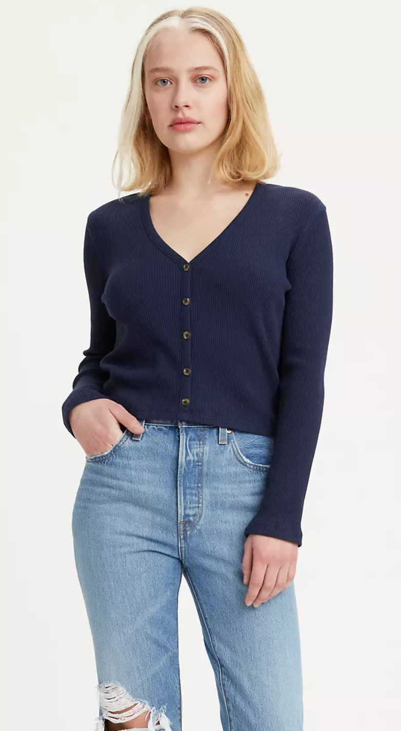 a model wearing a navy v-neck cardigan