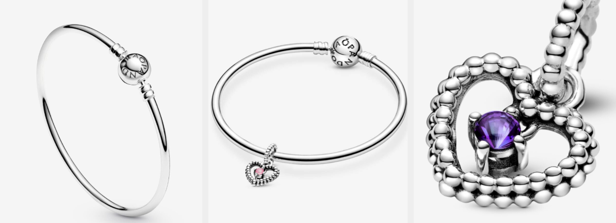 Three images of the Pandora charm bracelet with pink and purple birthstone charms