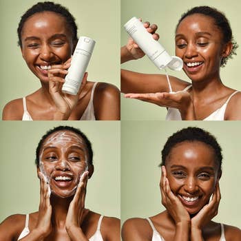  holding the bottle, pouring into hand, applying foam, and smiling with cleanable  face