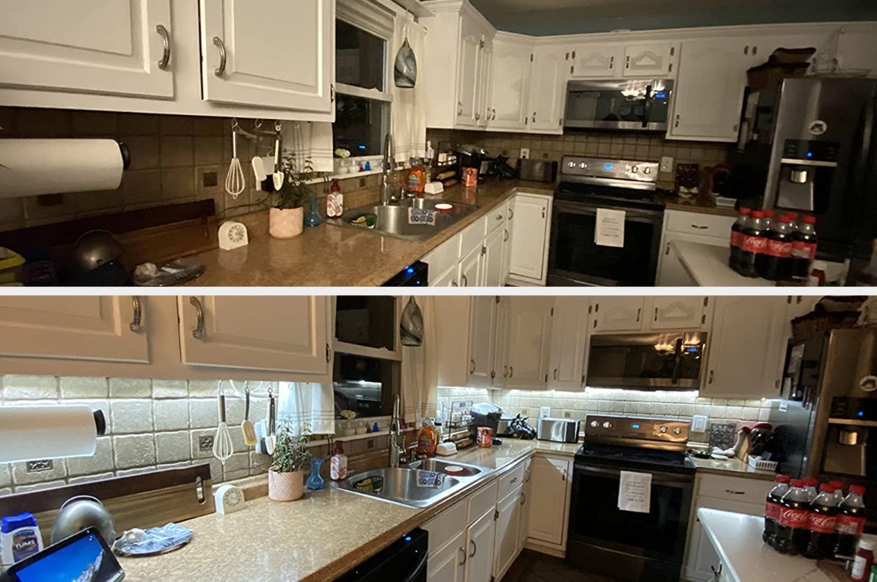 on top: view of reviewer's kitchen counters with very little light. on bottom: same reviewer's kitchen area well-lit with under-cabinet lights