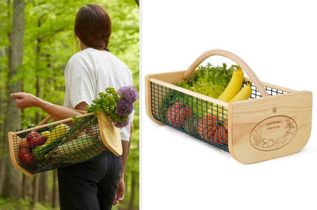 collage, of model holding basket full of produce and product image of basket full of produce