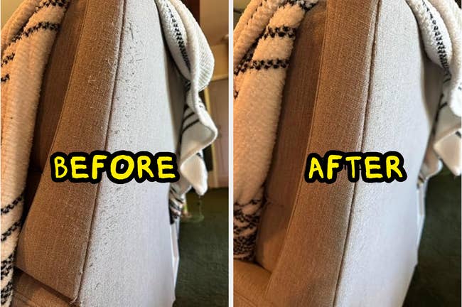 Side-by-side examination  of a sofa  earlier  and aft  cleaning, showcasing improved cloth  condition