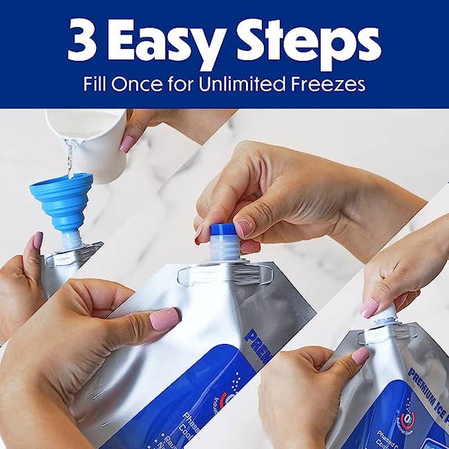 Three-step guide on filling a bag for freezing showing a funnel, sealing, and a full bag