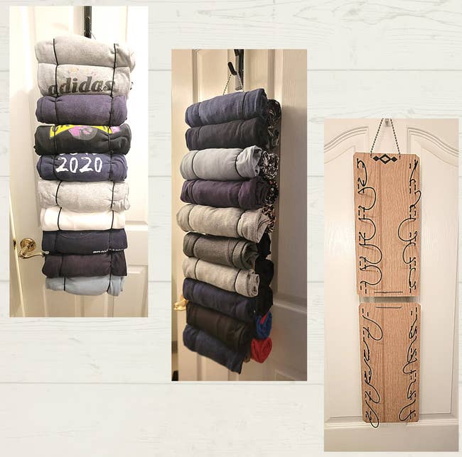 Two full hanging organizers with rolled up t-shirts bound by elastic and one empty organizer