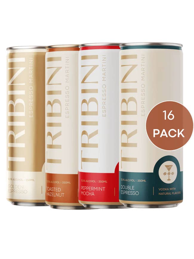 Four Tribini Espresso Martini cans: Golden Espresso, Toasted Hazelnut, Peppermint Mocha, Double Espresso. Labeled as a 16-pack