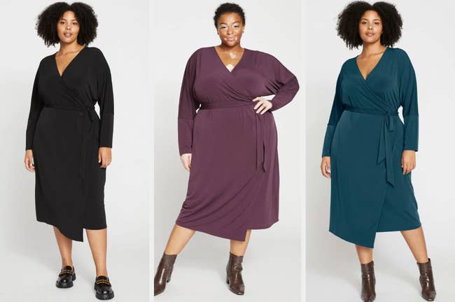 Models wearing long sleeve midi dresses with v-neckline and adjustable waist tie in black, purple, and teal, paired with black loafers and brown shin-length boots on a white background