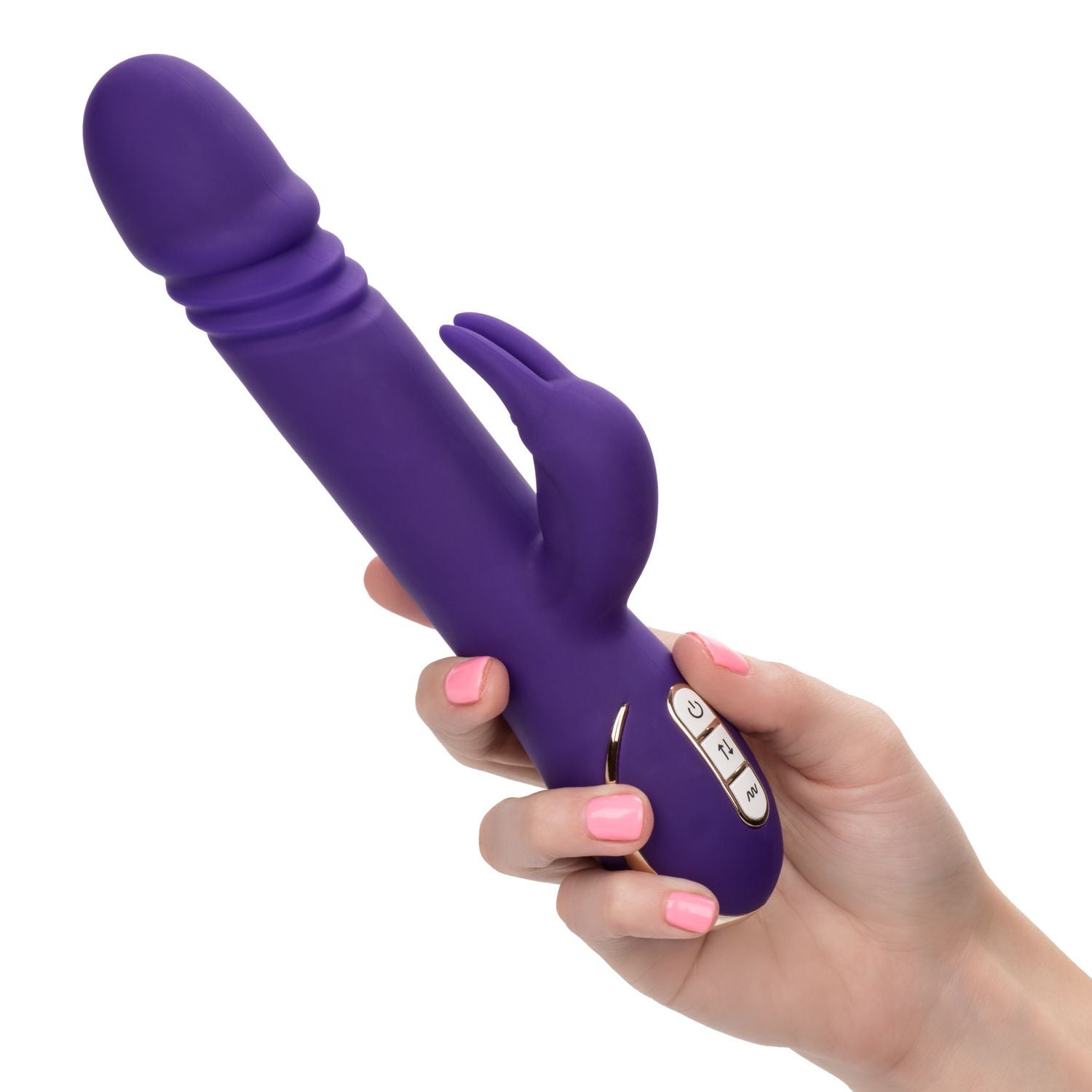 Model holding purple thrusting rabbit vibrator