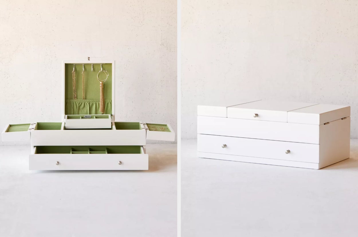 collage of the large jewelry box, open and closed