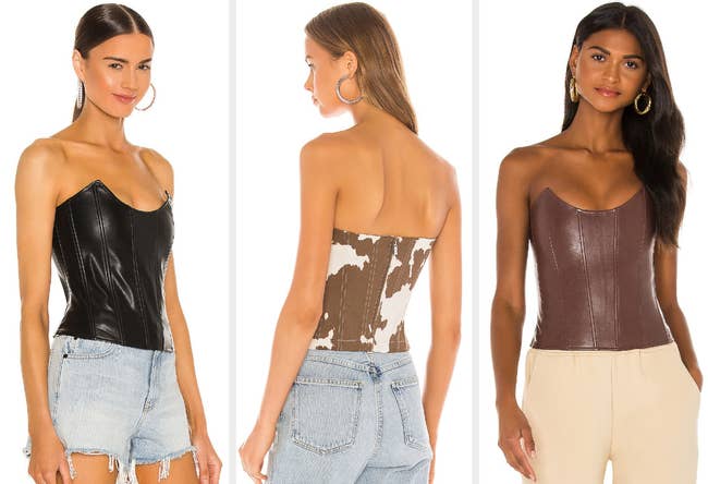 Three images of models wearing black and brown corsets