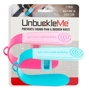 'UnbuckleMe, a device designed to help with seat belt unbuckling, showcasing two units in pink and blue