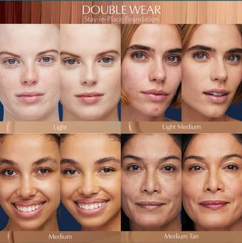 Four models with slight blemishes before applying the foundation / Four models with even skin after applying the foundation