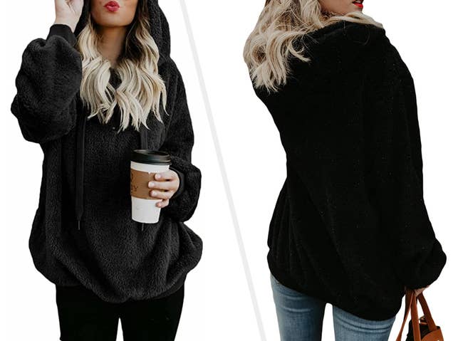 Two images of model wearing black sweatshirt
