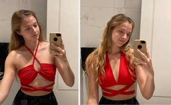 reviewer collage wearing red halter top two different ways