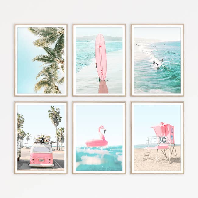 The set of six beach-themed digital prints framed