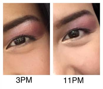 reviewer showing their eye shadow at 3 pm verses 11 pm