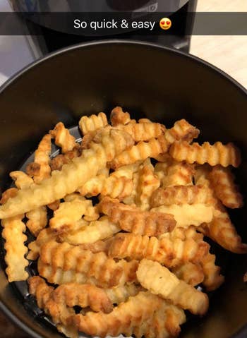 reviewer photo of french fries they made in the air fryer with snapchat text that reads 