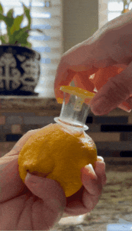 Orang yang memasukkan alat pembuat jus jeruk ke dalam lemon, mendemonstrasikan alat dapur yang mudah untuk mengekstraksi jus