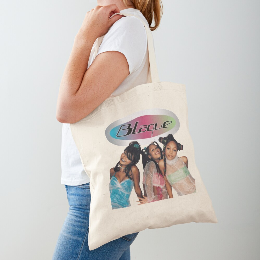 tan cotton tote bag with a printed image of Blaque on it and their logo