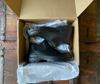 reviewer photo of slip-on rain boots in the box