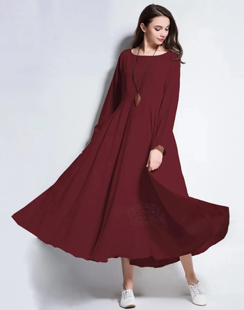 model wearing the burgundy dress