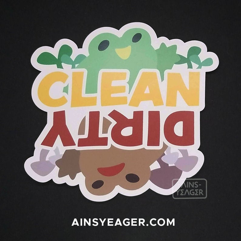 magnet that says clean and features a green frog on one side and a brown frog that says dirty on the other side