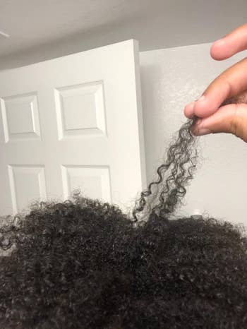 Reviewer with curly hair holding a strand of it out 
