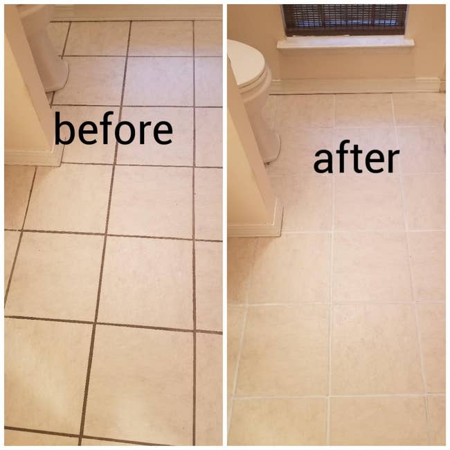 Reviewer before and after photo of the grout on their floor being dirty and then clean
