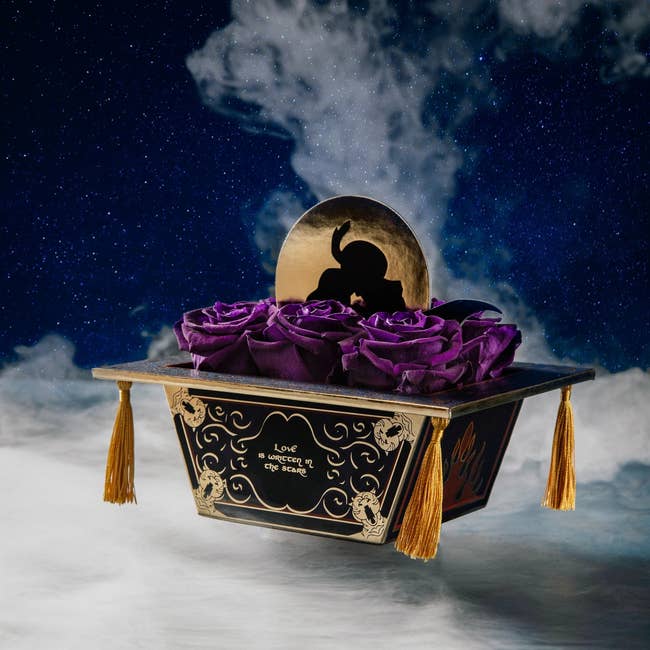 a floating magic carpet like box with a silhouette of jasmine and aladdin over a bed of purple roses 