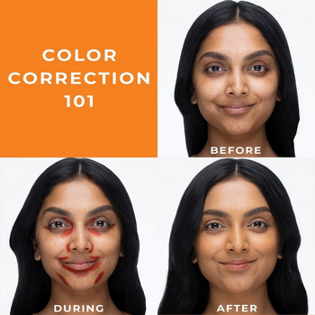 a model before, during, and after using the multi stick as a color-corrector 
