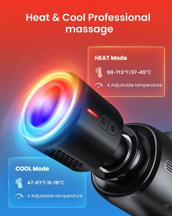 Massage device image with heat and cool modes, adjustable temperatures: Heat 99-113°F (37-45°C), Cool 47-61°F (8-16°C)