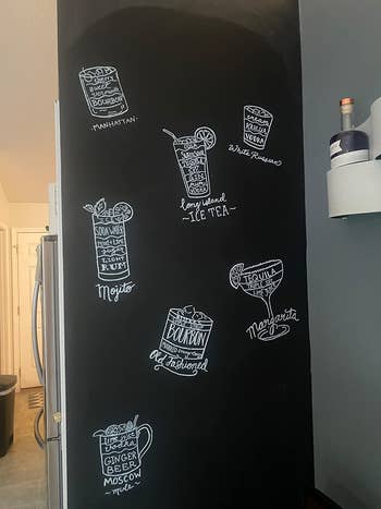 The chalk board paint on a wall with drawings of various drinks