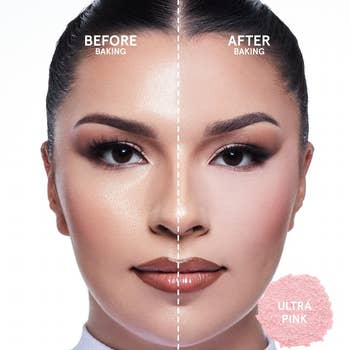 
model before and after using blurring powder
