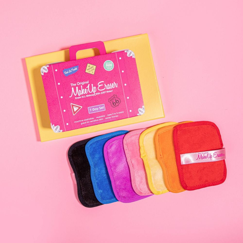 the makeup eraser set with a different color for each cloth and a travel case