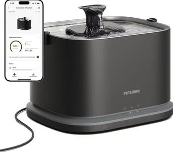 Pet water fountain with a sleek design. Phone screen shows app interface for monitoring pet hydration and fountain status