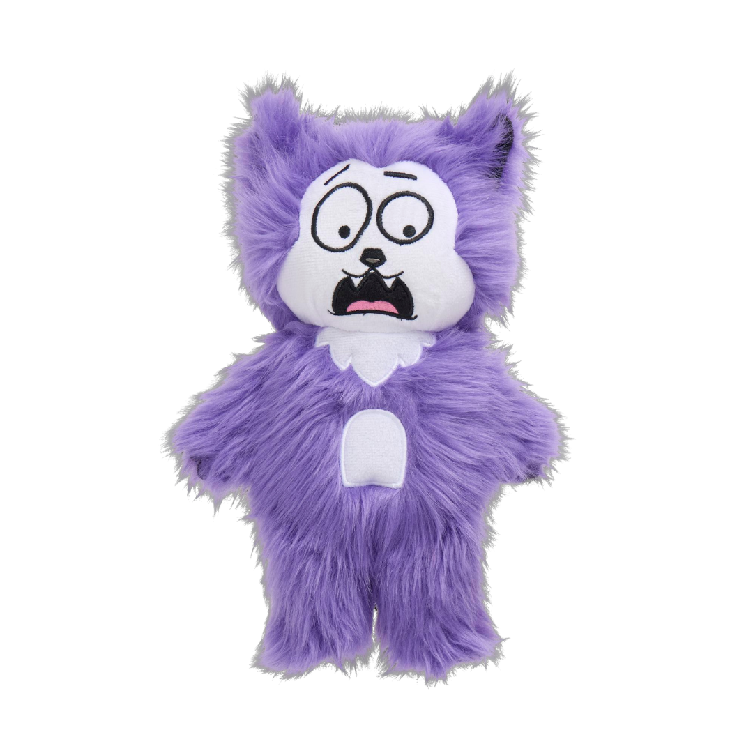 purple stuffed animal with a scared face