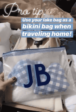 gif of someone placing a bikini in the monogrammed bag