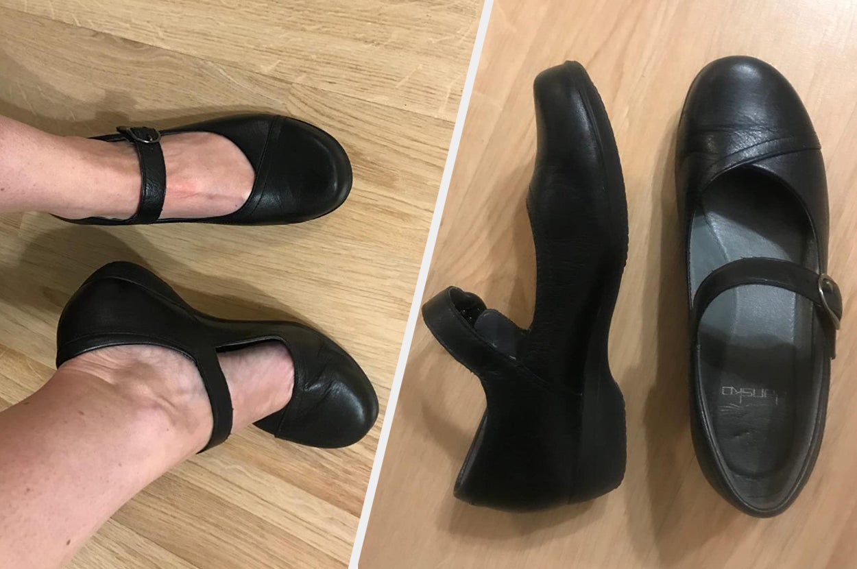 Two reviewer images of the black Mary Jane shoes