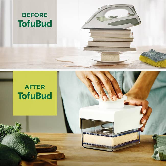 Before picture of a stack of books and an iron being used to press tofu — resulting in a mess, and an after photo of a model using the tofu press for a much easier, cleaner process